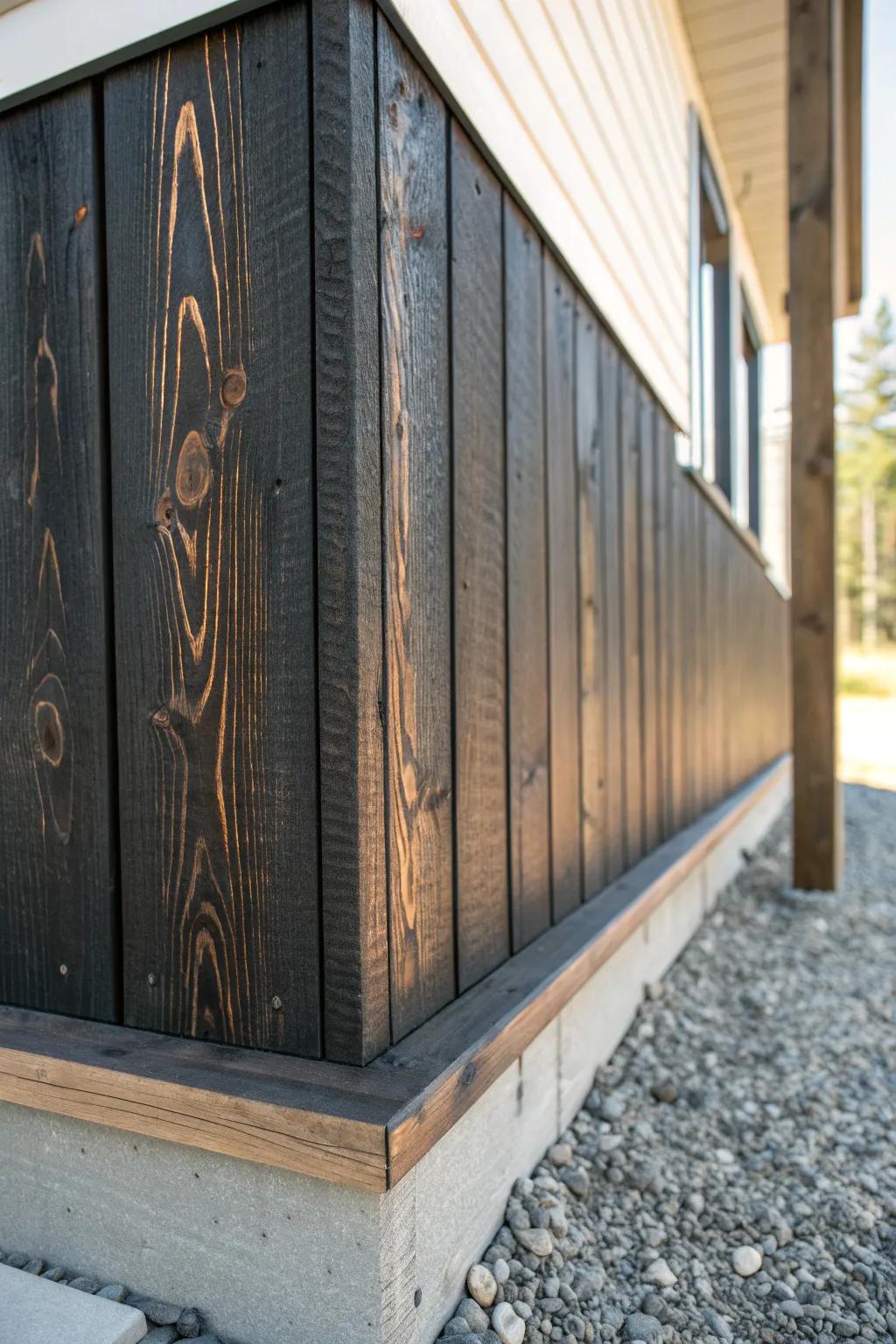 Charred-wood skirting that makes pier-and-beam foundations feel intentional and bold.