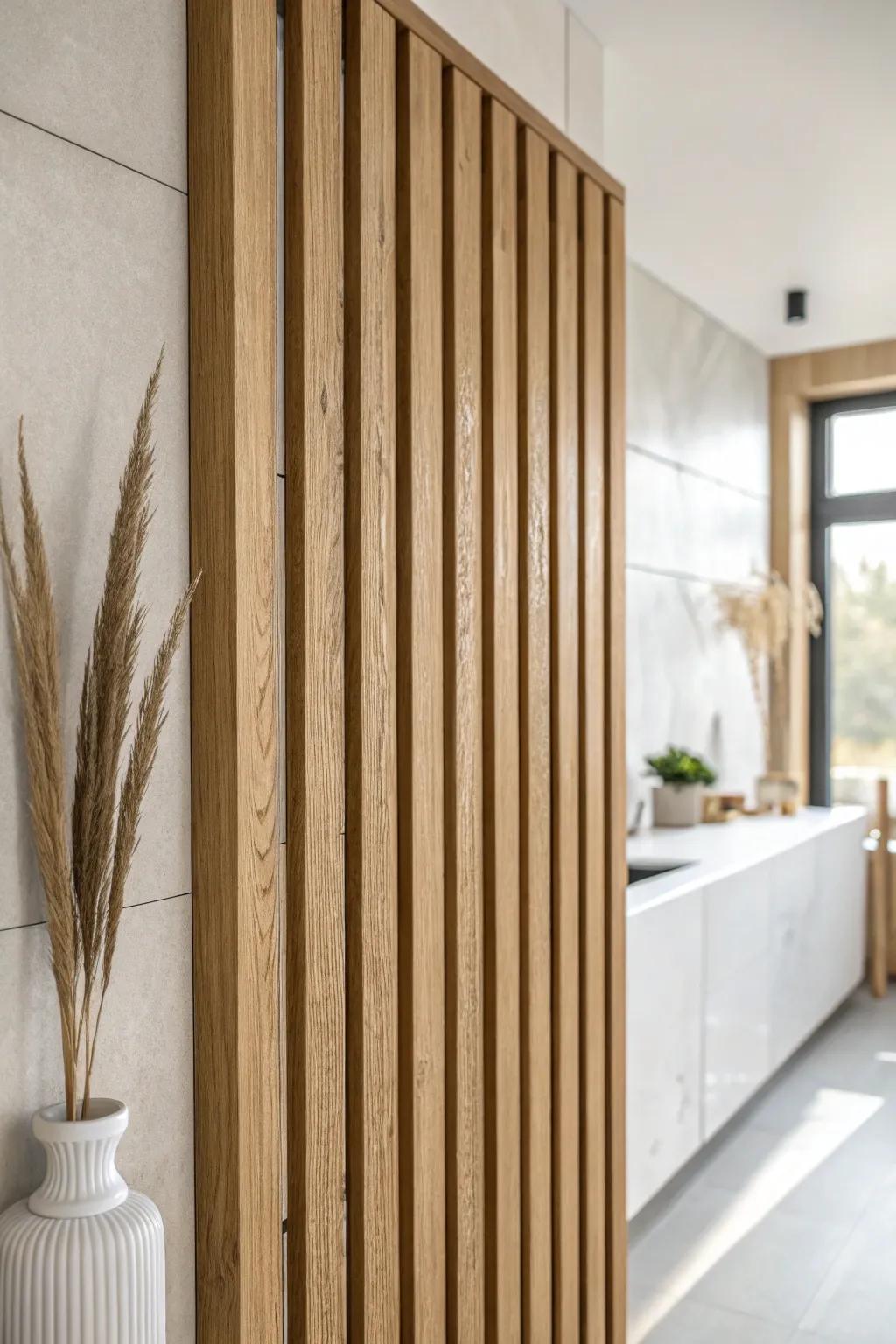 Clear resin-infilled slat grooves add a glossy, light-catching twist to warm wood walls.