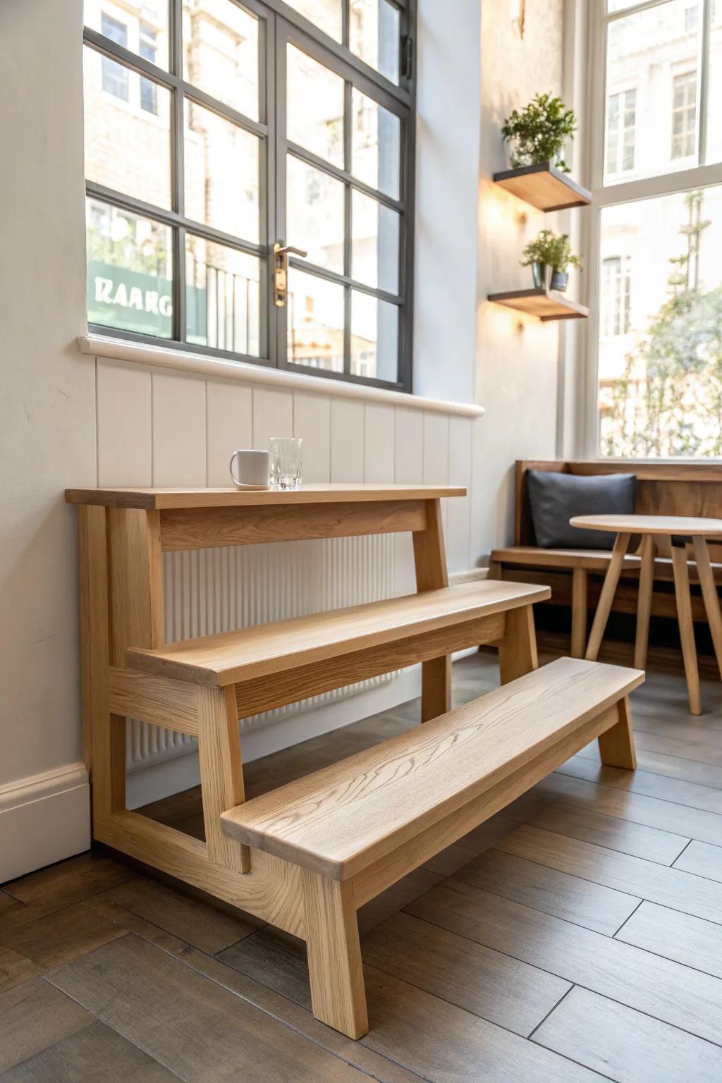 A tiered oak step bench turns an empty corner into cozy, layered café seating.
