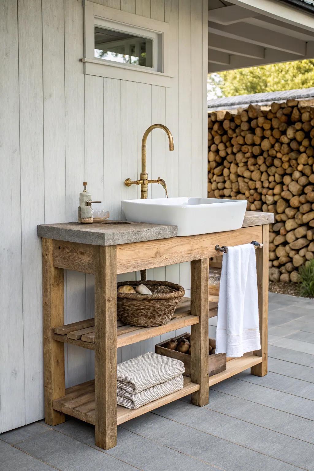 A compact outdoor wash station with reclaimed wood and a stacked firewood wall—rustic and chic.
