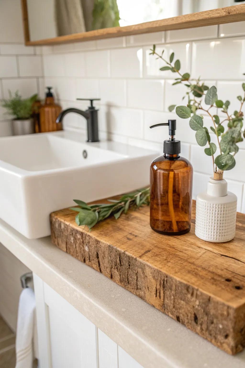 Reclaimed wood resin-sealed shelf backsplash: tiny, timeless, and perfect for small baths.