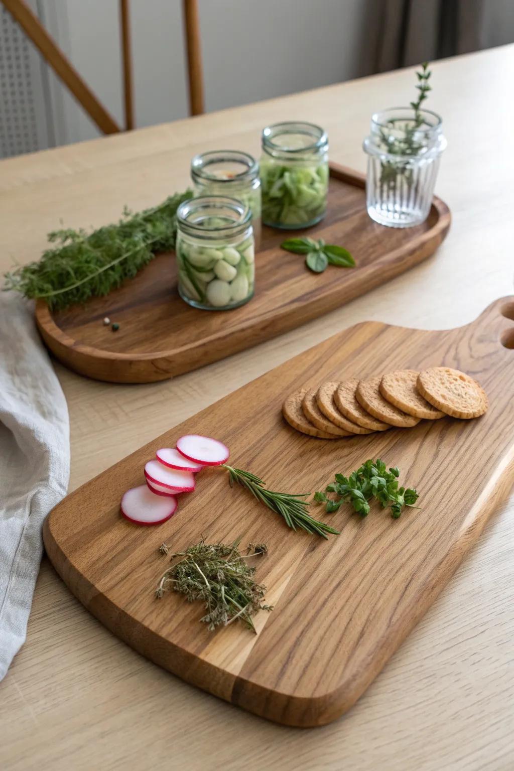 Edible garden snack board: fresh herbs, radishes, ribbons, and a creamy dip on warm walnut.