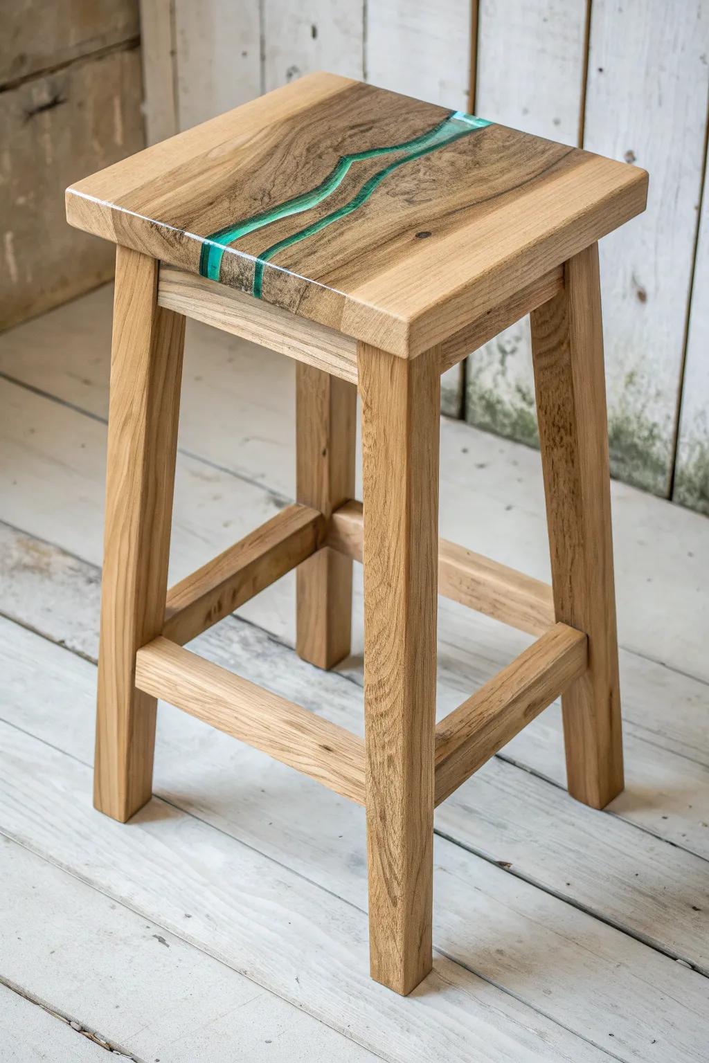 A minimalist oak stool with a glossy resin “river” seat—where imperfections become art.