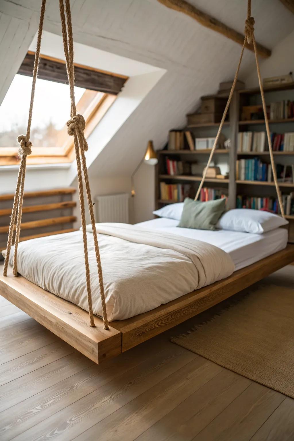 Suspended oak bed above a built-in reading nook—Scandi minimalism with soft boho warmth.