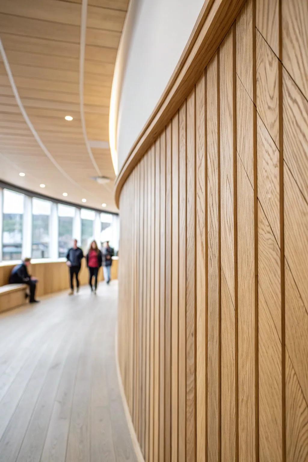 Kerf-cut tongue & groove bends into a soft curve—turning awkward corners into touchable art.