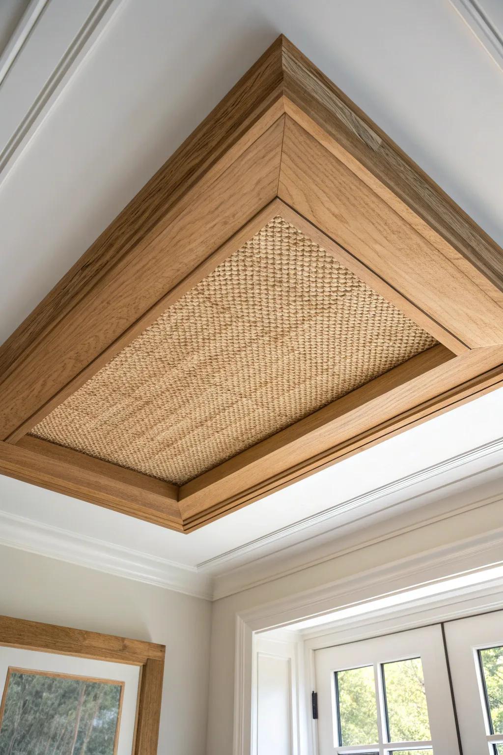Unexpected tray ceiling luxe: clean wood trim framing a warm woven cane inset for texture.