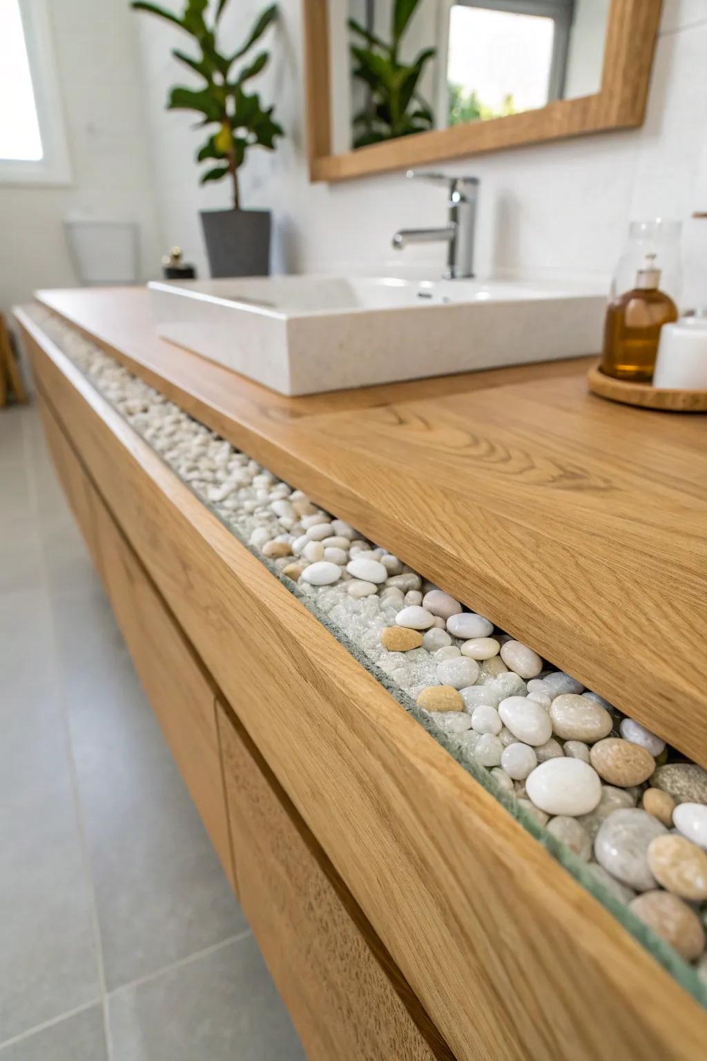 Glossy resin river inlaid in warm oak—spa-like vanity top with handcrafted elegance.