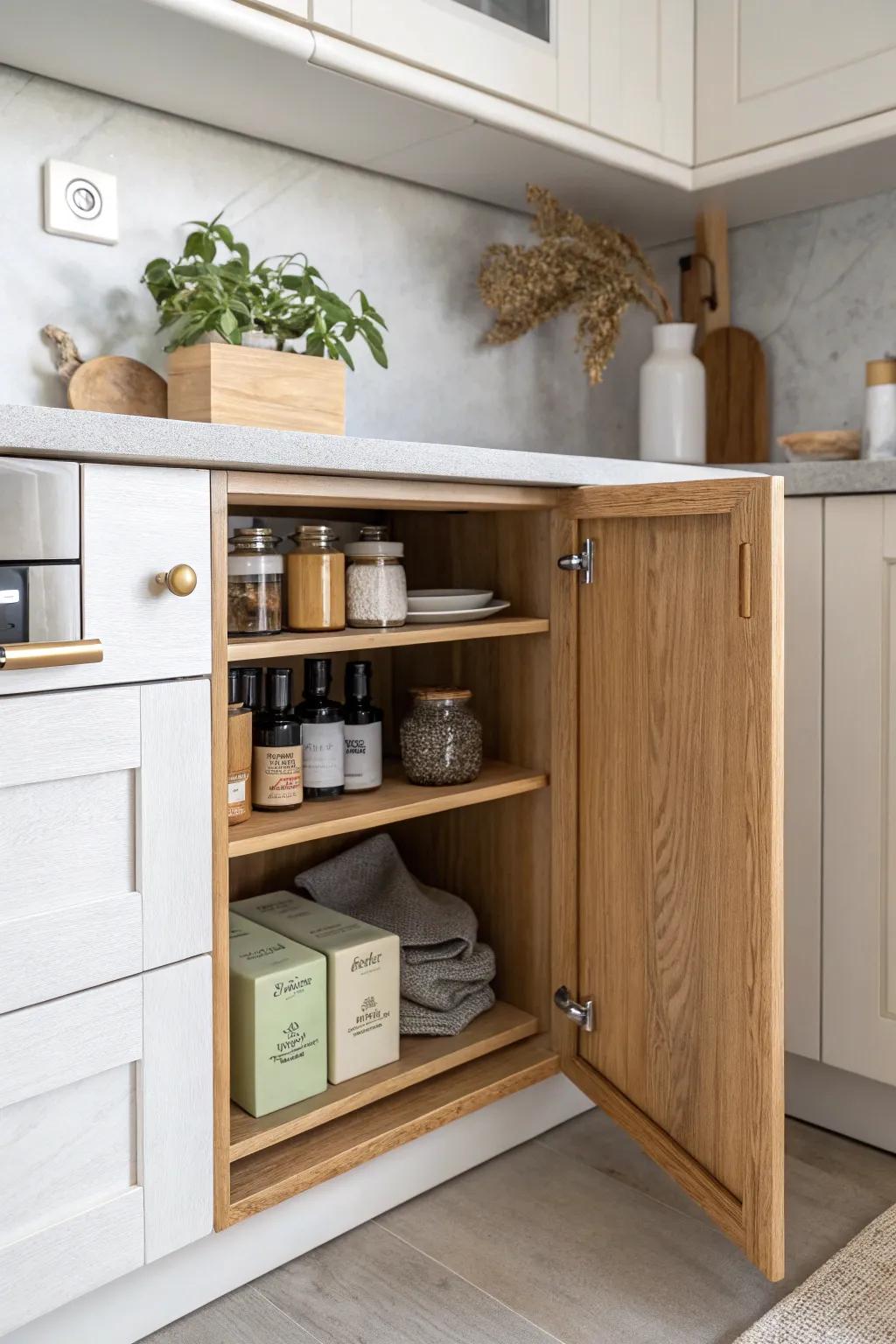 A hidden corner panel keeps tiny backups—batteries and keys—organized and out of sight.