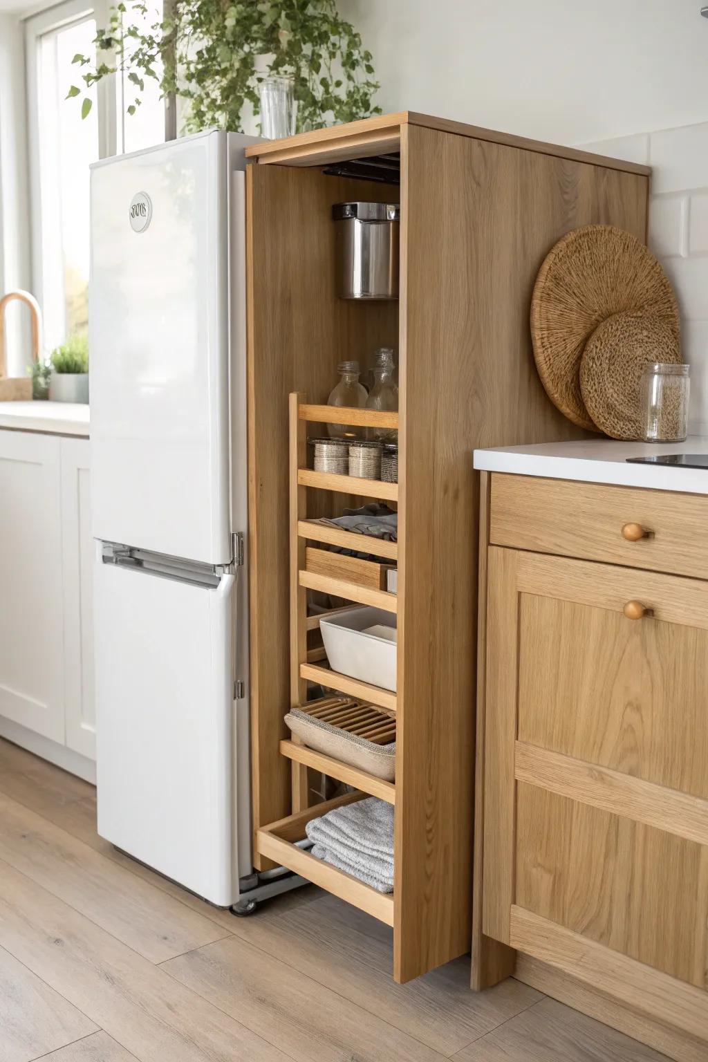 A slim slide-out rack turns the “nothing gap” into beautiful vertical storage for boards.