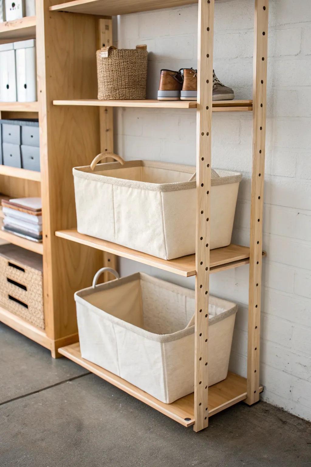Wall-mounted shelf with sliding wooden bin cradles—smooth-glide storage with clean style.