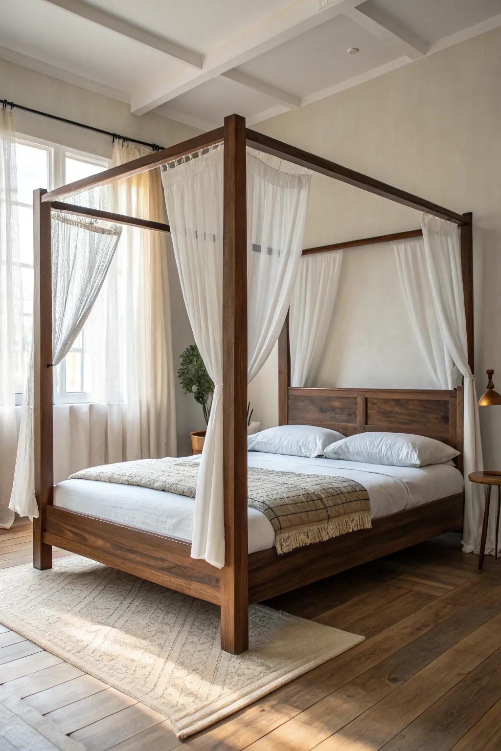 Dreamy walnut canopy bed with airy linen drapes—clean lines, warm grain, soft contrast.