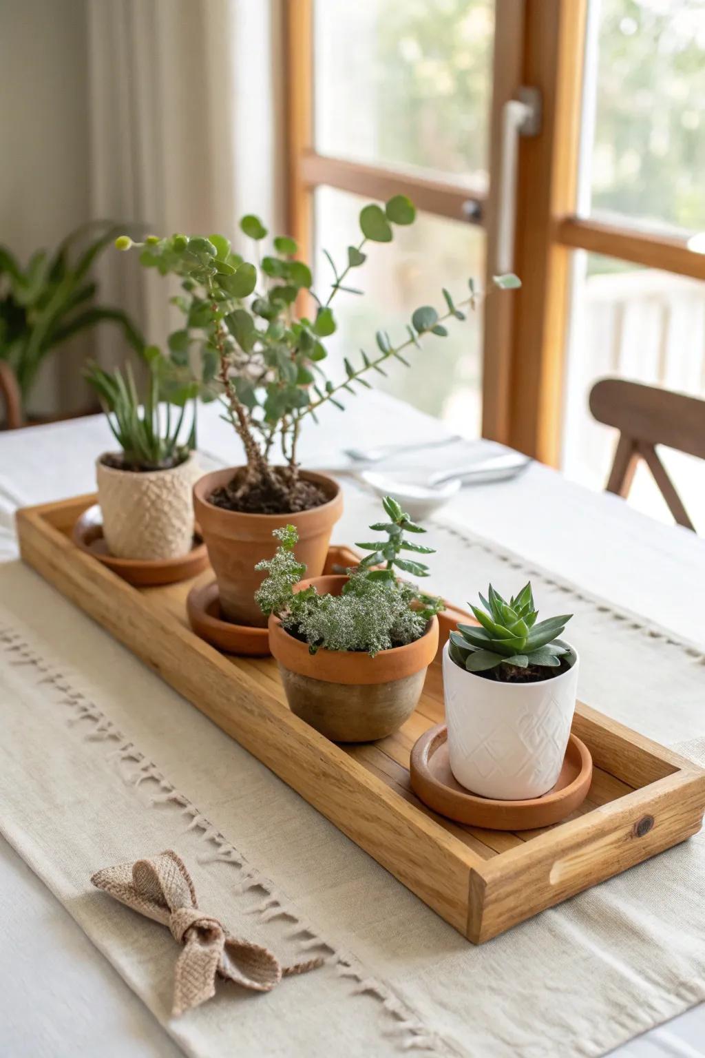 Living wedding centerpiece: potted plants on a handcrafted wood tray—eco-chic and giftable.