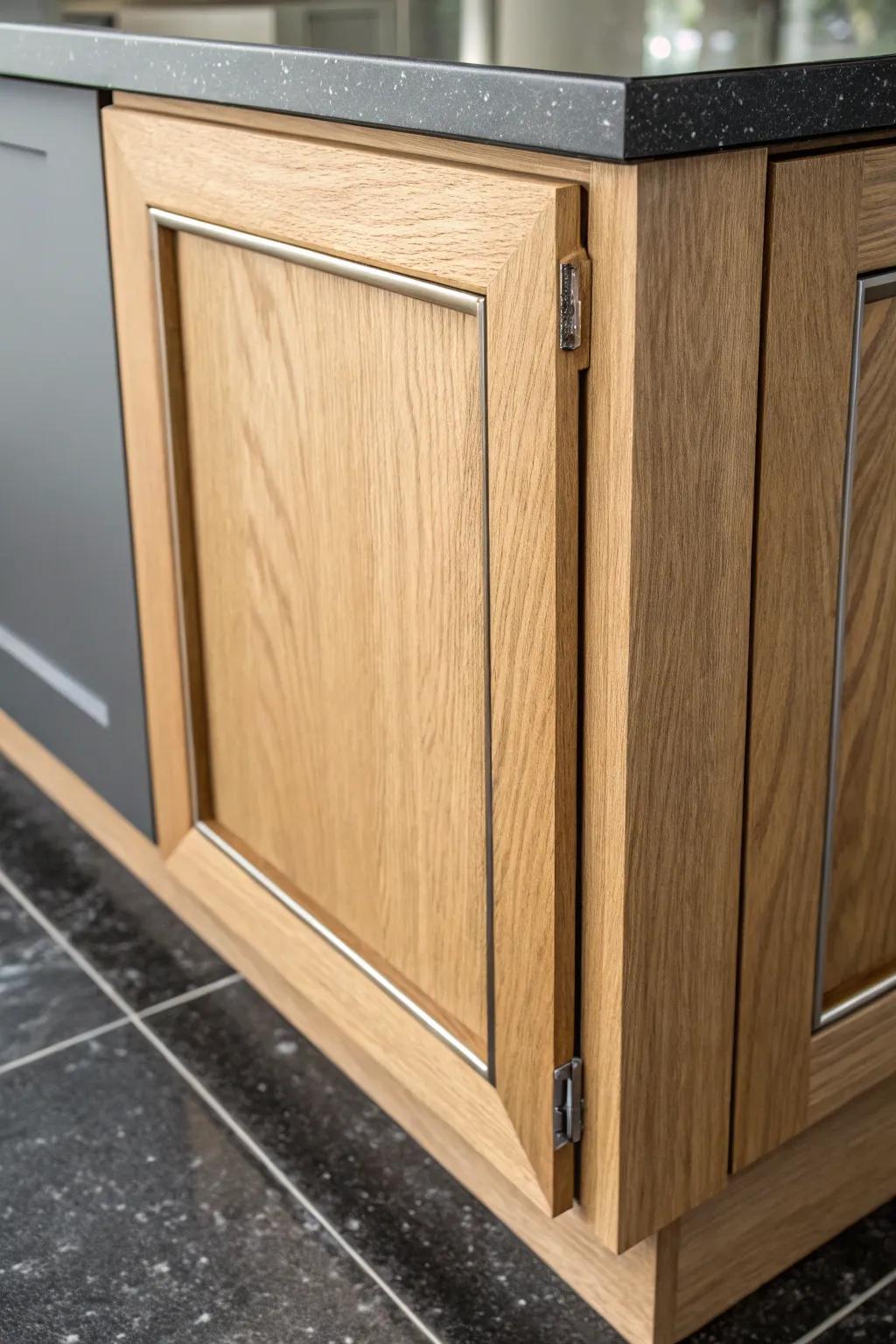Soft pewter-washed wood cabinets glow beautifully against sleek black granite countertops.