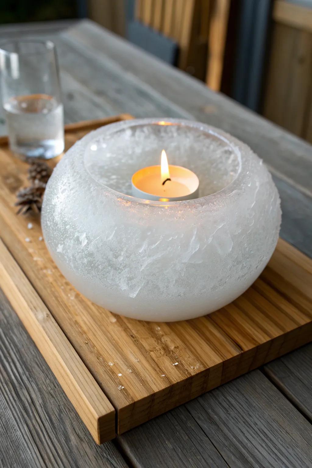 A glowing ice lantern bowl on an oak board—minimal, magical winter centerpiece warmth.