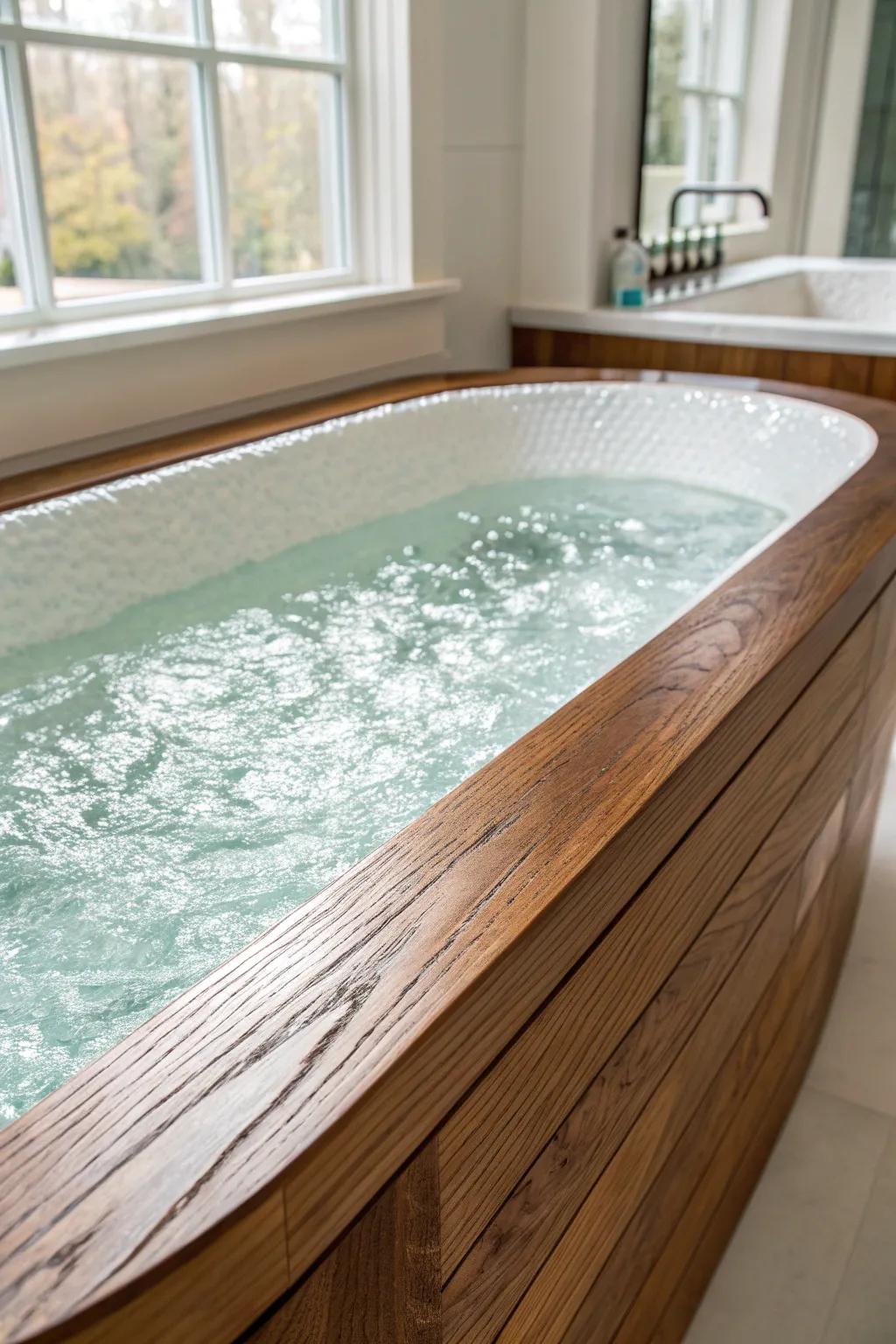 A slim aqua resin “river” inlay turns a warm wood tub deck edge into a subtle wow detail.