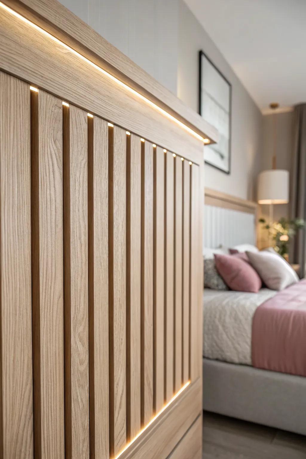 Subtle resin inlays add a nighttime shimmer to warm oak slat panels—minimal yet magical.