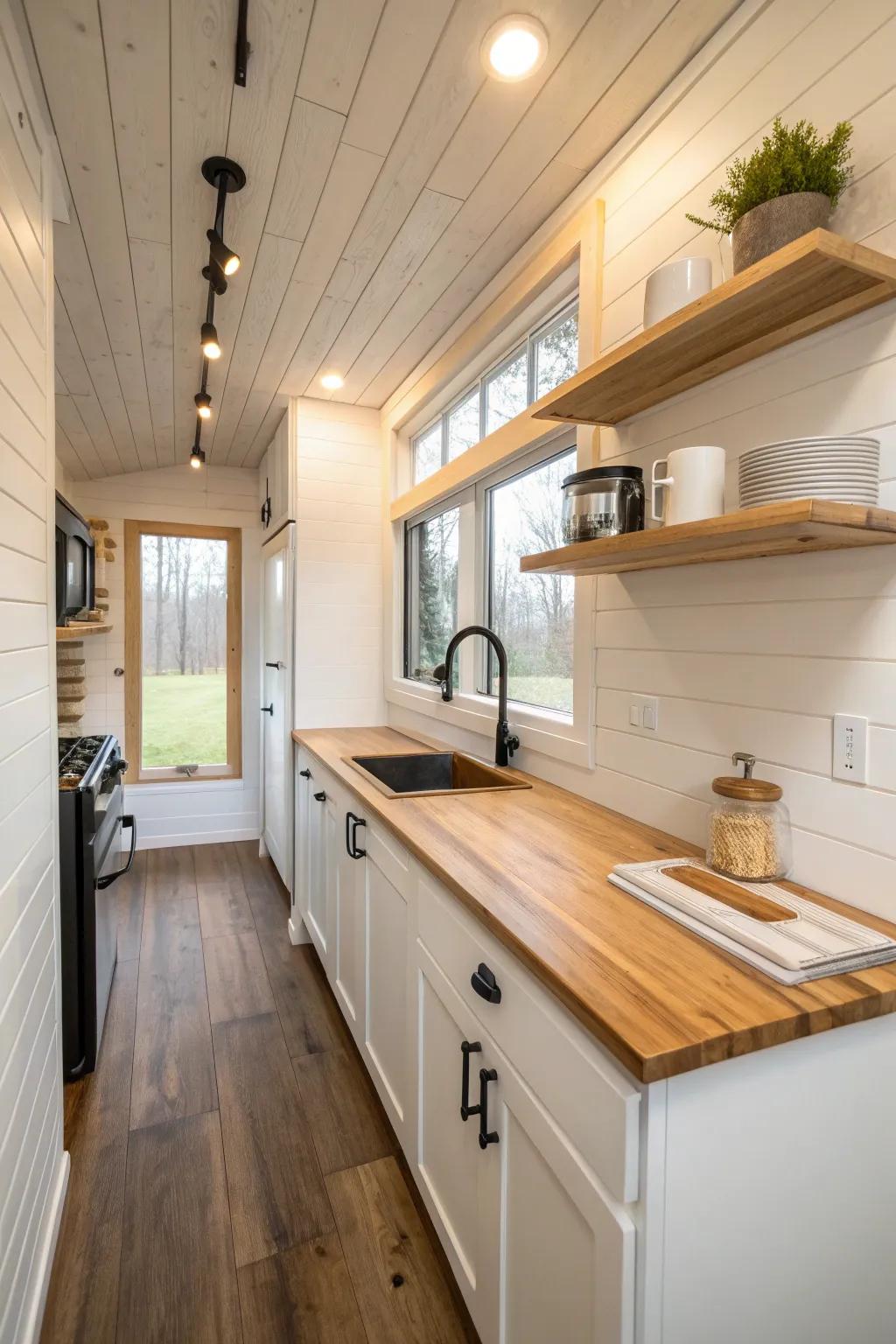A warm butcher-block galley kitchen wall—tiny-house smart, minimalist, and made for daily use.