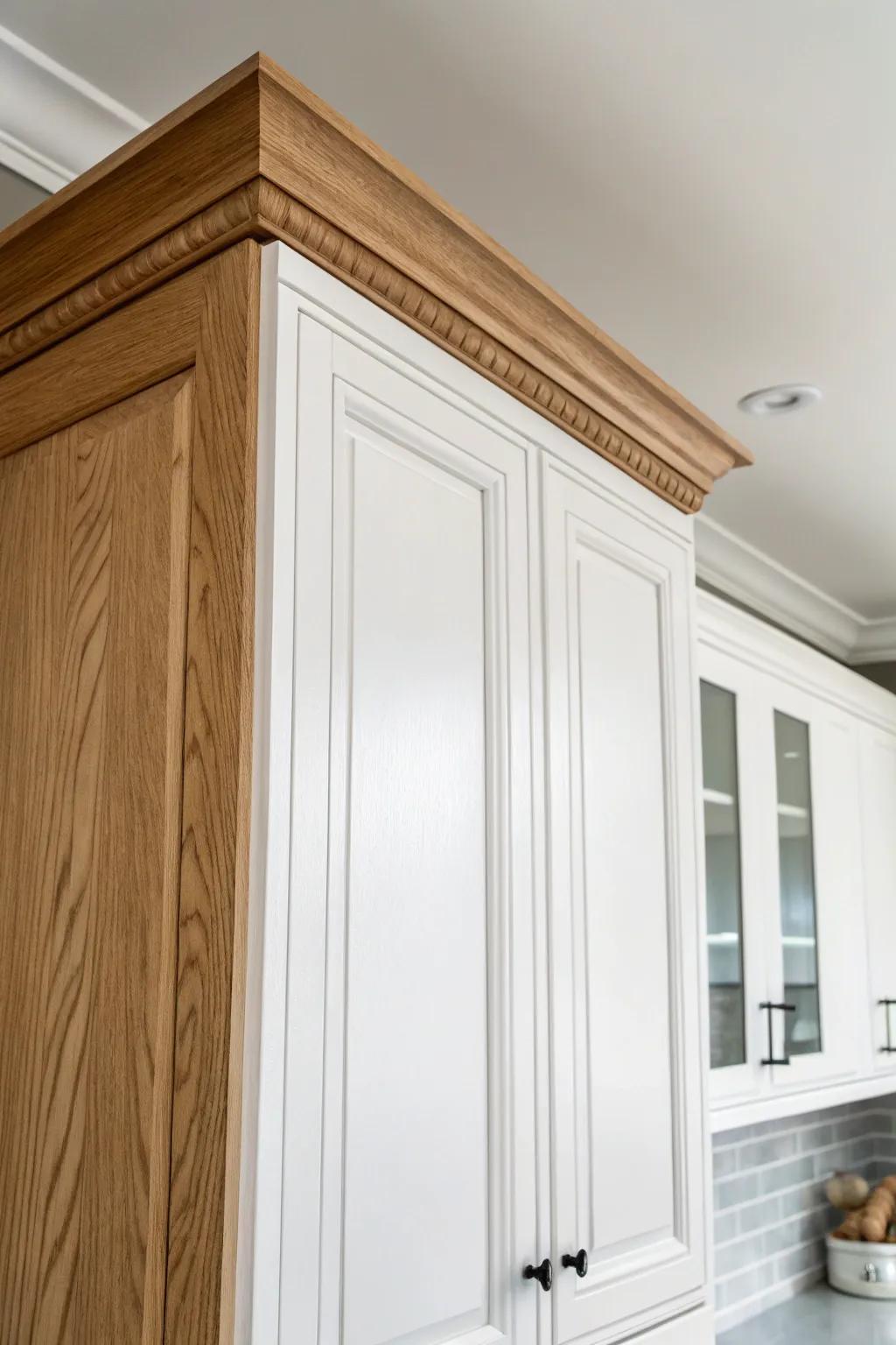 3-piece crown molding stack for a built-in cabinet look: filler board, crown, and ceiling scribe.