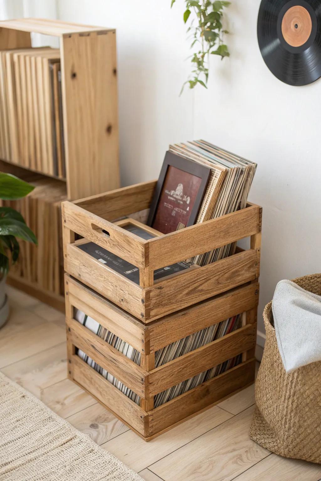 Rustic reclaimed record crate stack with slim dividers—keeps vinyl upright and beautifully sorted.