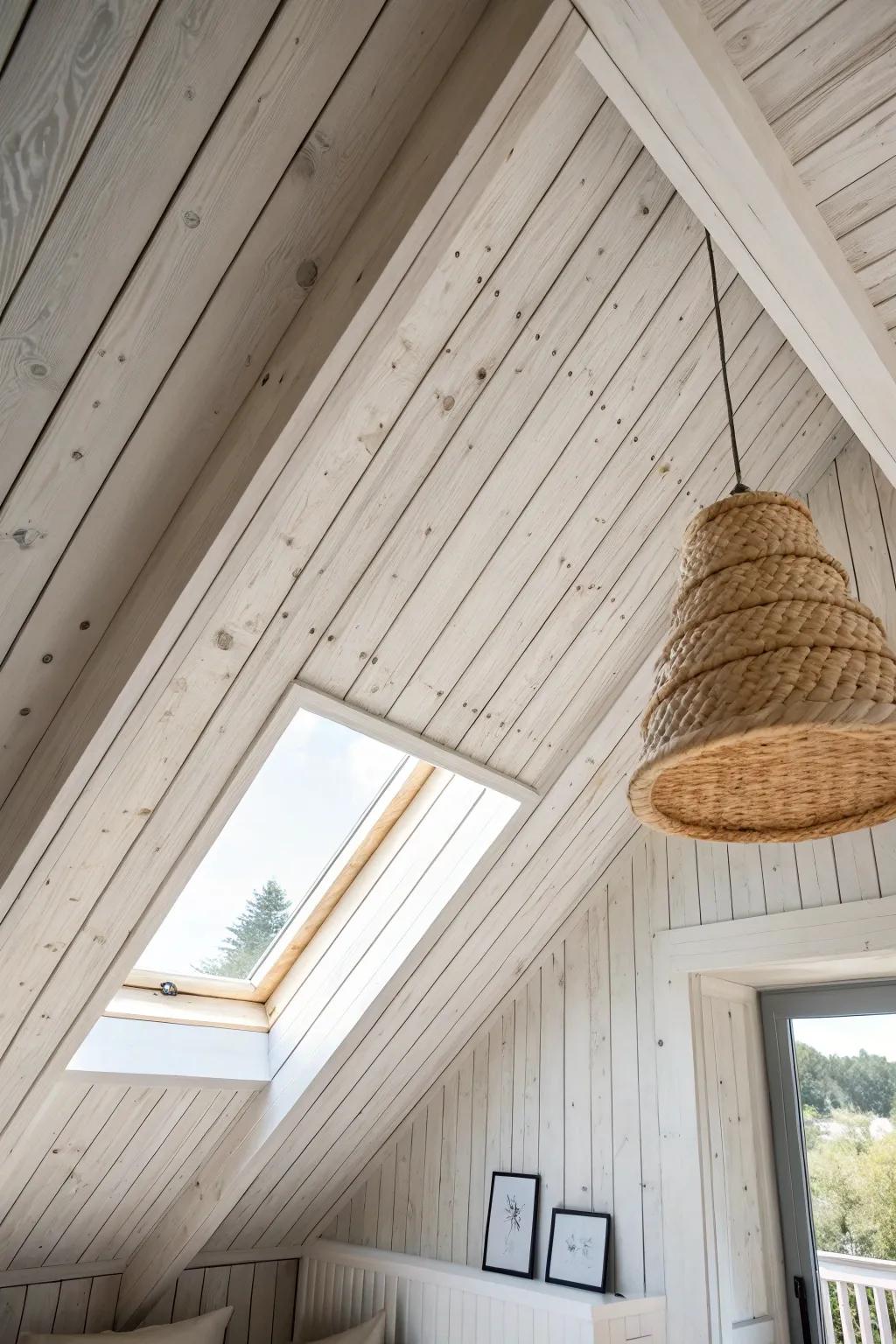 Whitewashed pine planks brighten an A-frame ceiling, keeping the grain for cozy, airy warmth.