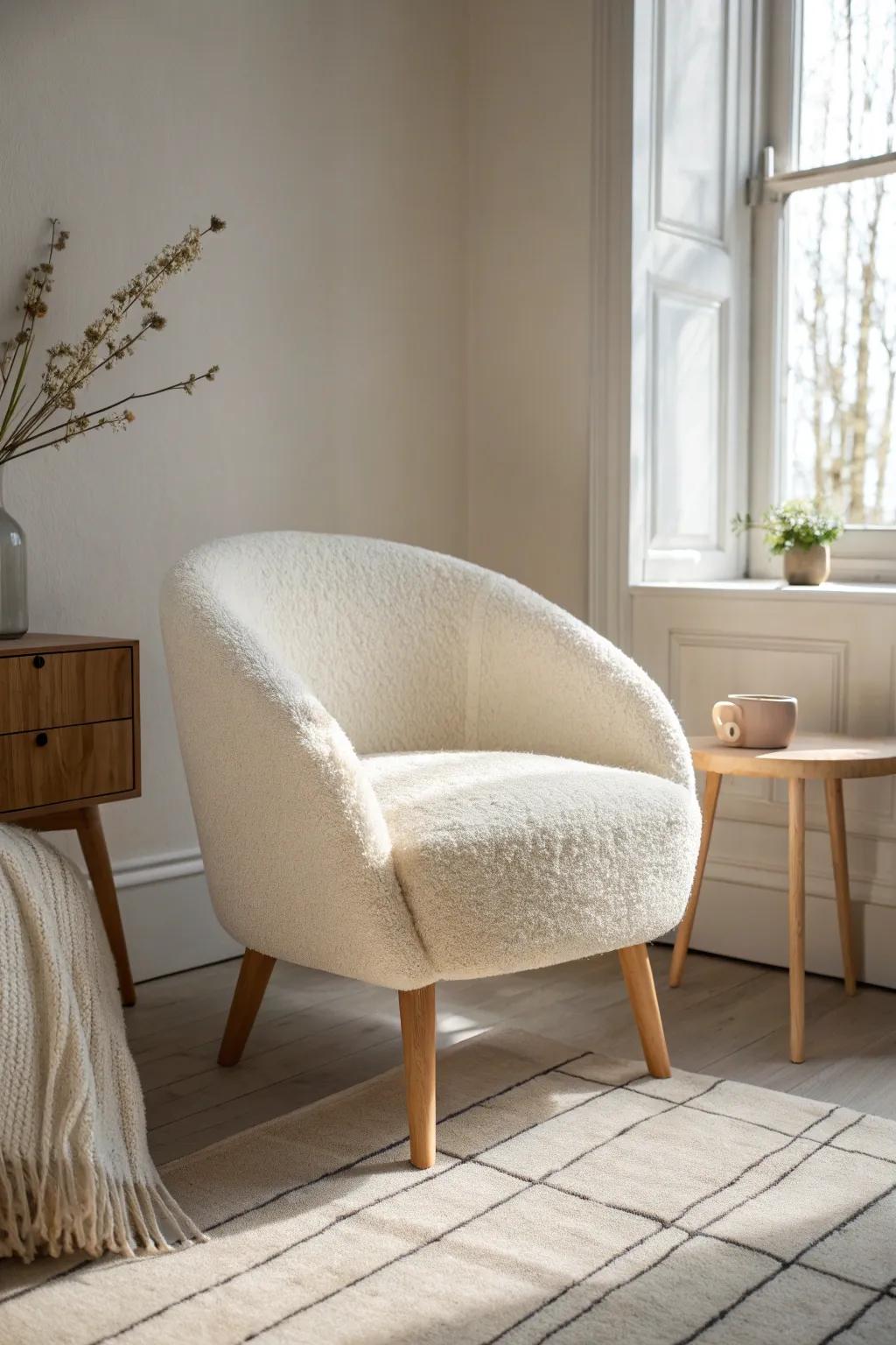 Ivory bouclé accent chair: cozy, calm, and instantly warms up a minimalist bedroom.
