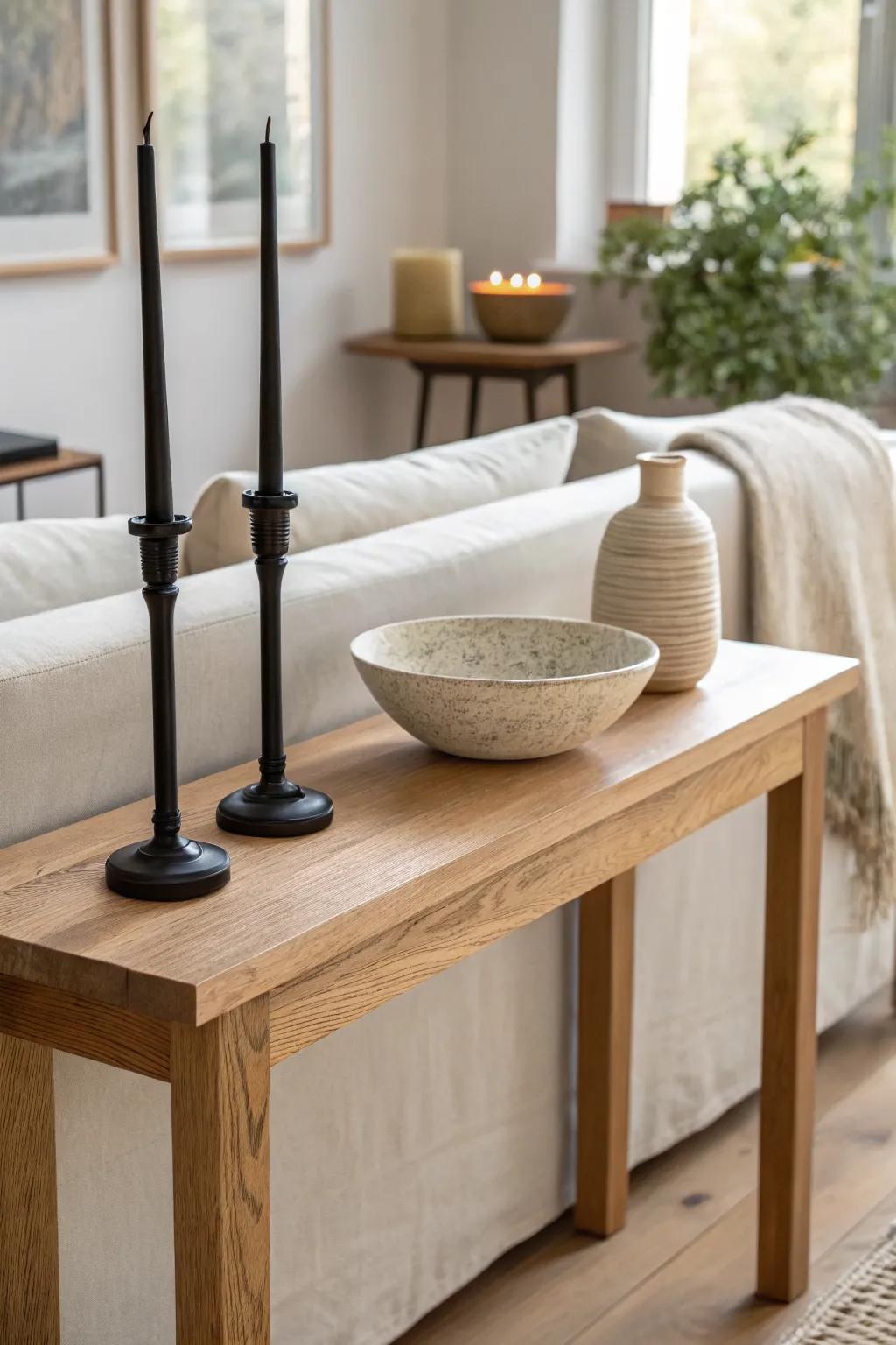 Slim oak sofa table with tall candlesticks + a grounded ceramic bowl, leaving space to use it.