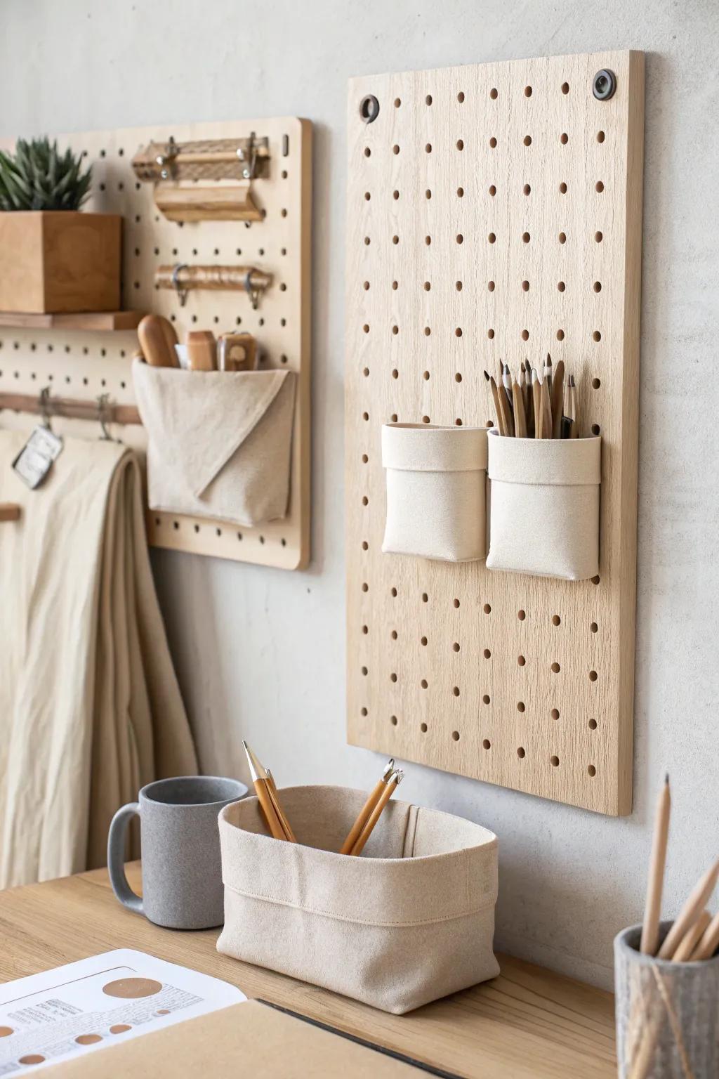 Neutral-toned pegboard styling in oak—cream bins, warm gray accents, and calm minimal order.