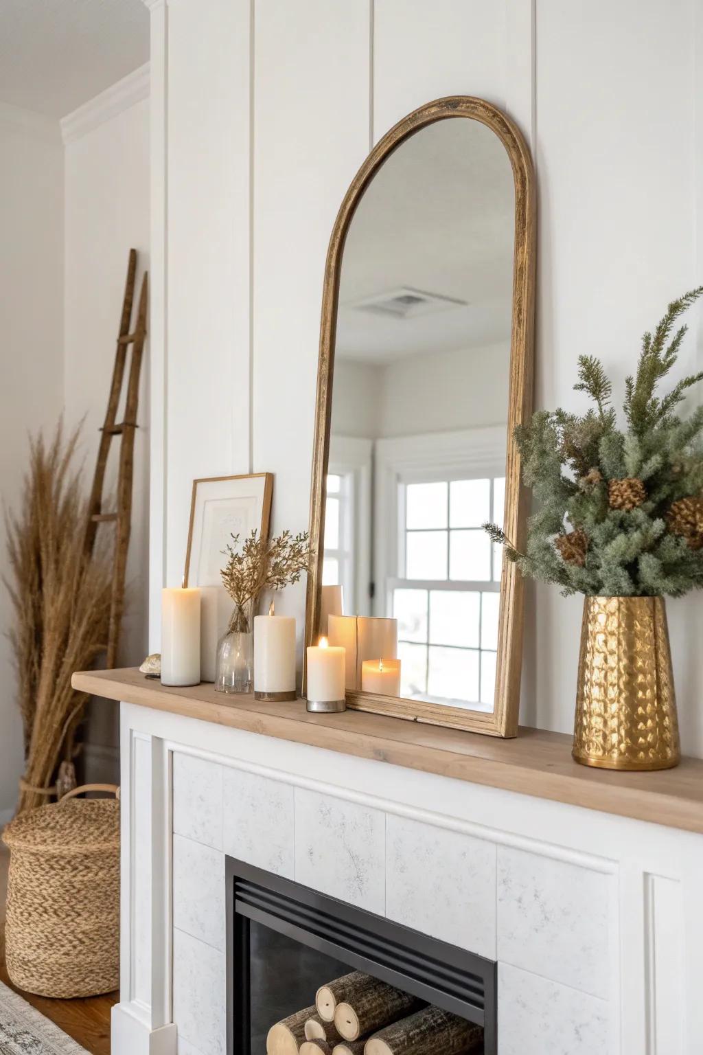 Lean a mirror and layer empty frames for instant winter depth and cozy candlelit glow.