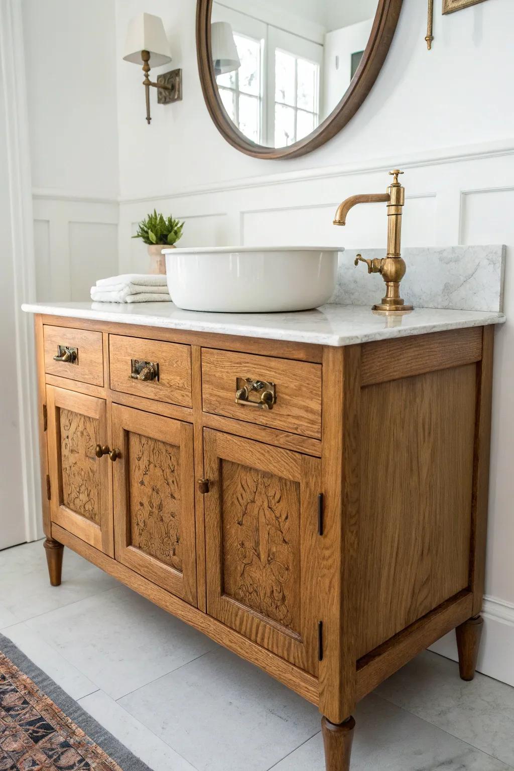Turn a vintage sideboard into a wide, drawer-filled vanity—antique charm meets modern function.