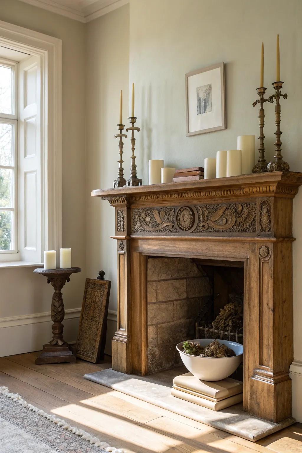 Asymmetrical candlesticks on an antique mantel for an easy, lived‑in Scandinavian look.