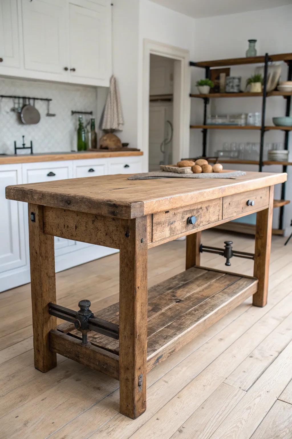 Turn a vintage workbench into a kitchen island—reclaimed wood, patina, and timeless charm.