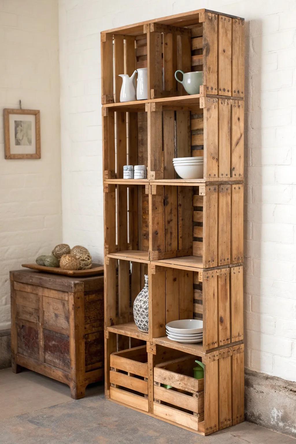 Stack wooden crates into instant shelving—warm grain, easy cubbies, and a collected booth look.