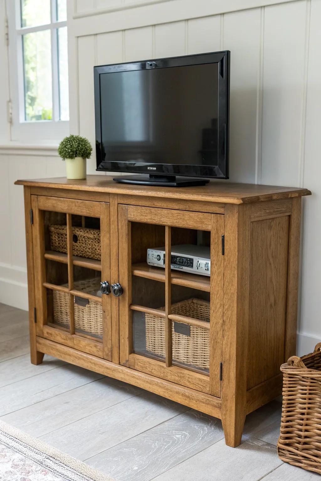 Antique TV stand with glass-front doors and simple mullions—vintage charm, tidy storage, clear signal.