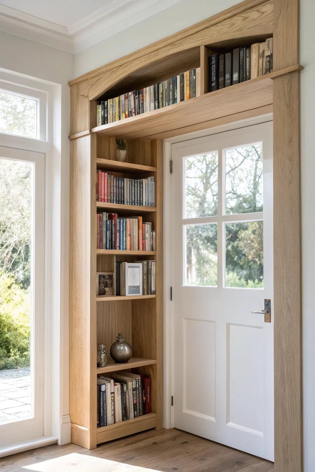 Use the space above your doorway as a clean oak book bridge—sleek, warm, and apartment-smart.