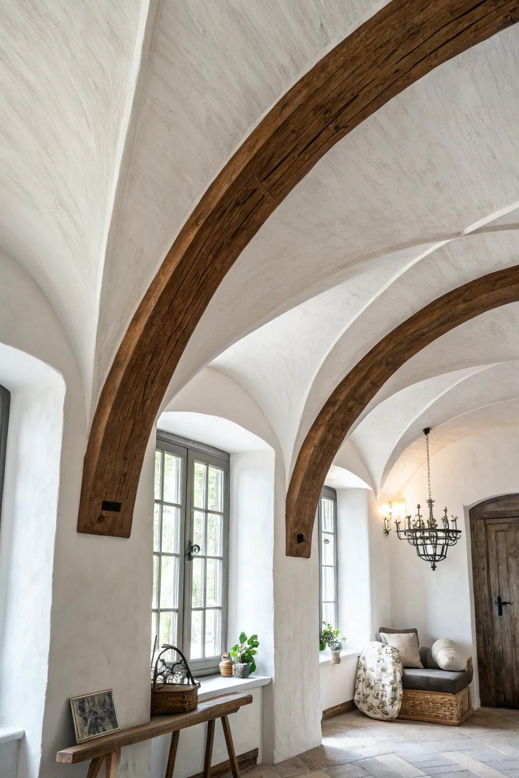 Deep stained beams on a bright arch make the curve feel taller, custom, and beautifully bold.