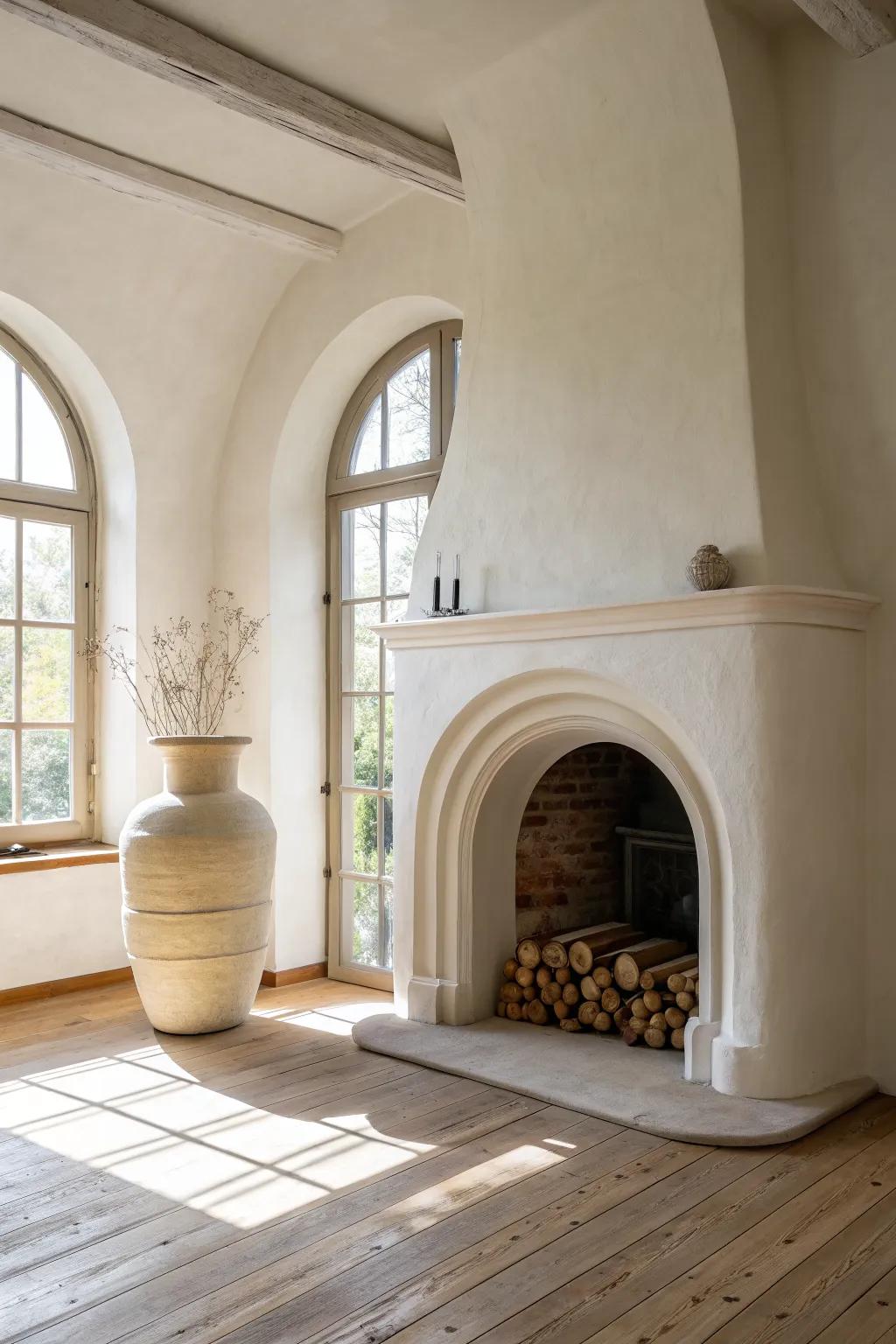 Smooth plaster arch, no mantel—just sculptural curves and one simple vase on the hearth.
