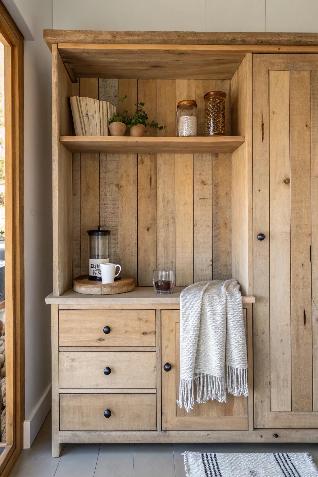 Reclaimed wood plank backsplash adds warm texture and a custom look to an armoire coffee bar.