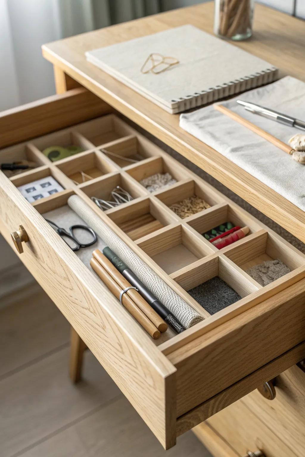 Handmade plywood drawer dividers keep tiny art tools visible, sorted, and easy to grab.