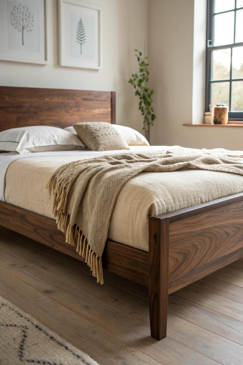 Neutral cream linens meet dark-stained wood for a calm Asian bedroom contrast.