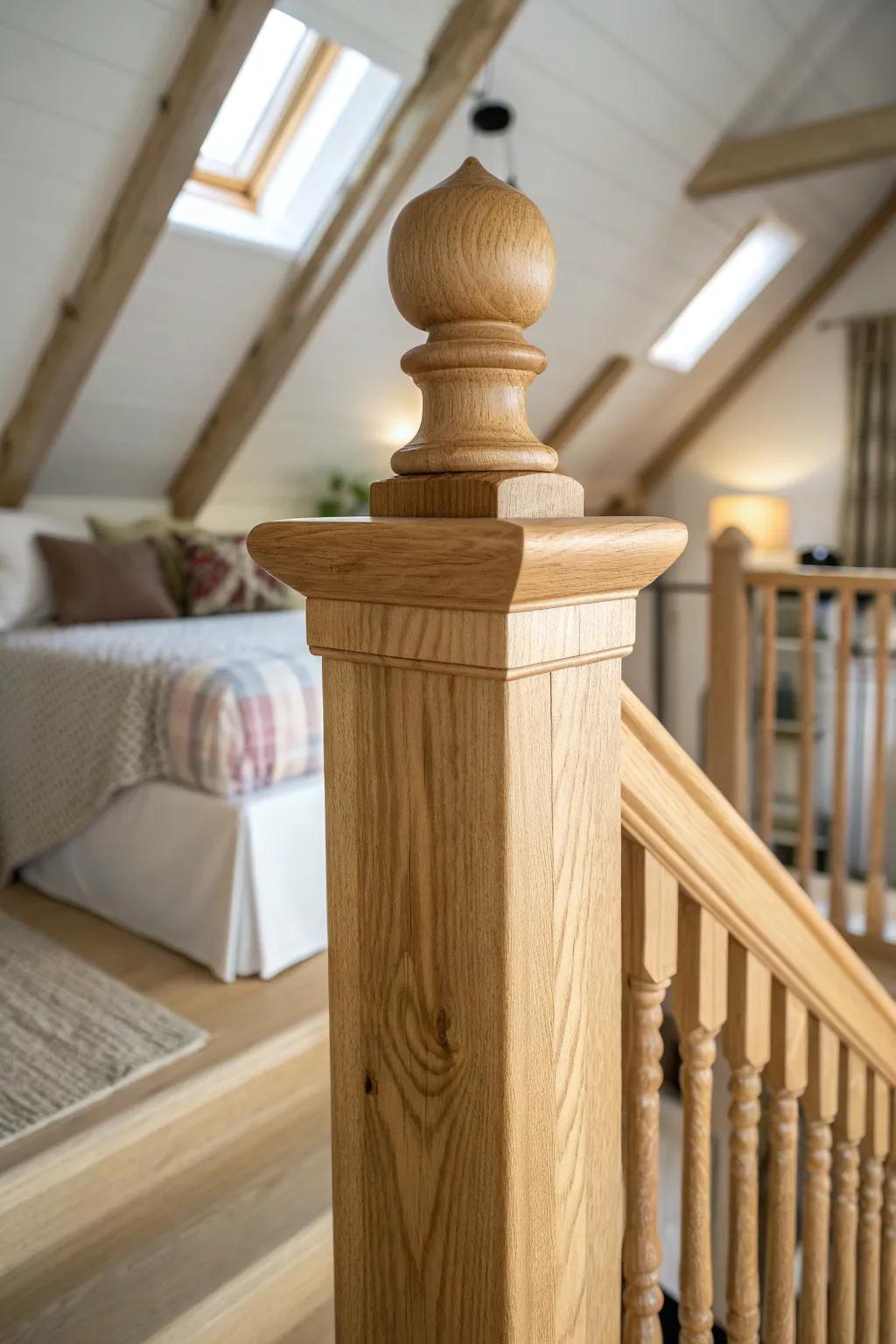 Chunky oak newel posts add cozy, grounded strength to airy attic loft railings.
