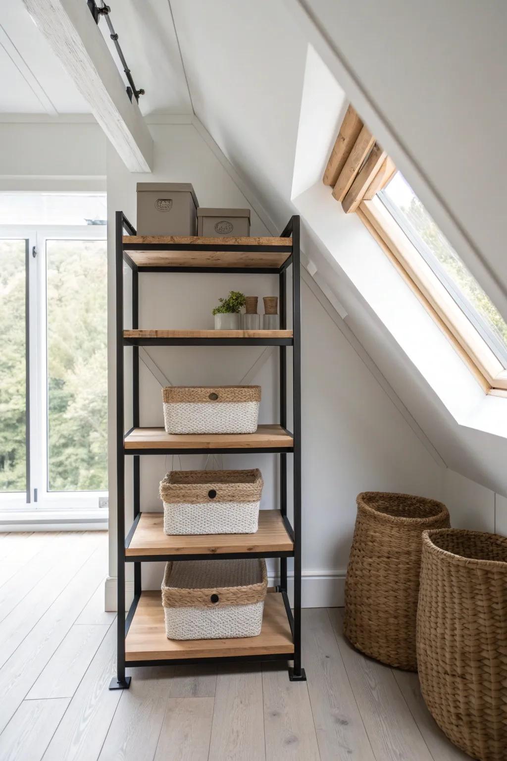 A heavy-duty freestanding rack keeps attic totes off the floor—center it on the walkway for easy reach.