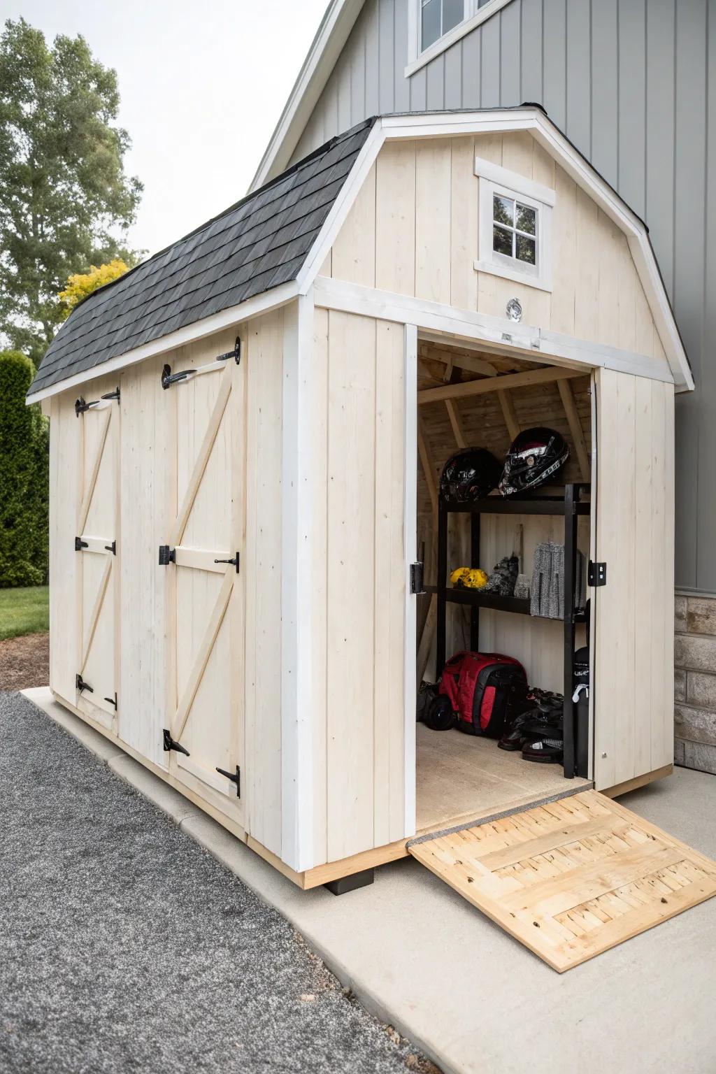 Mini barn ATV shed with a tidy loft—farmhouse charm, clean lines, and clutter-free storage.