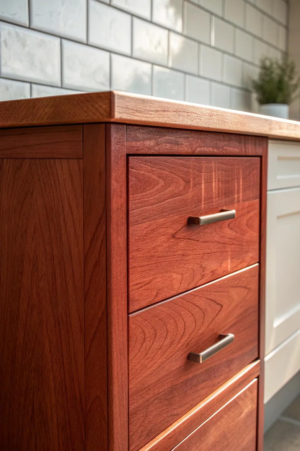 Soft greige matte tile keeps cherry cabinets modern, warm, and effortlessly calm.