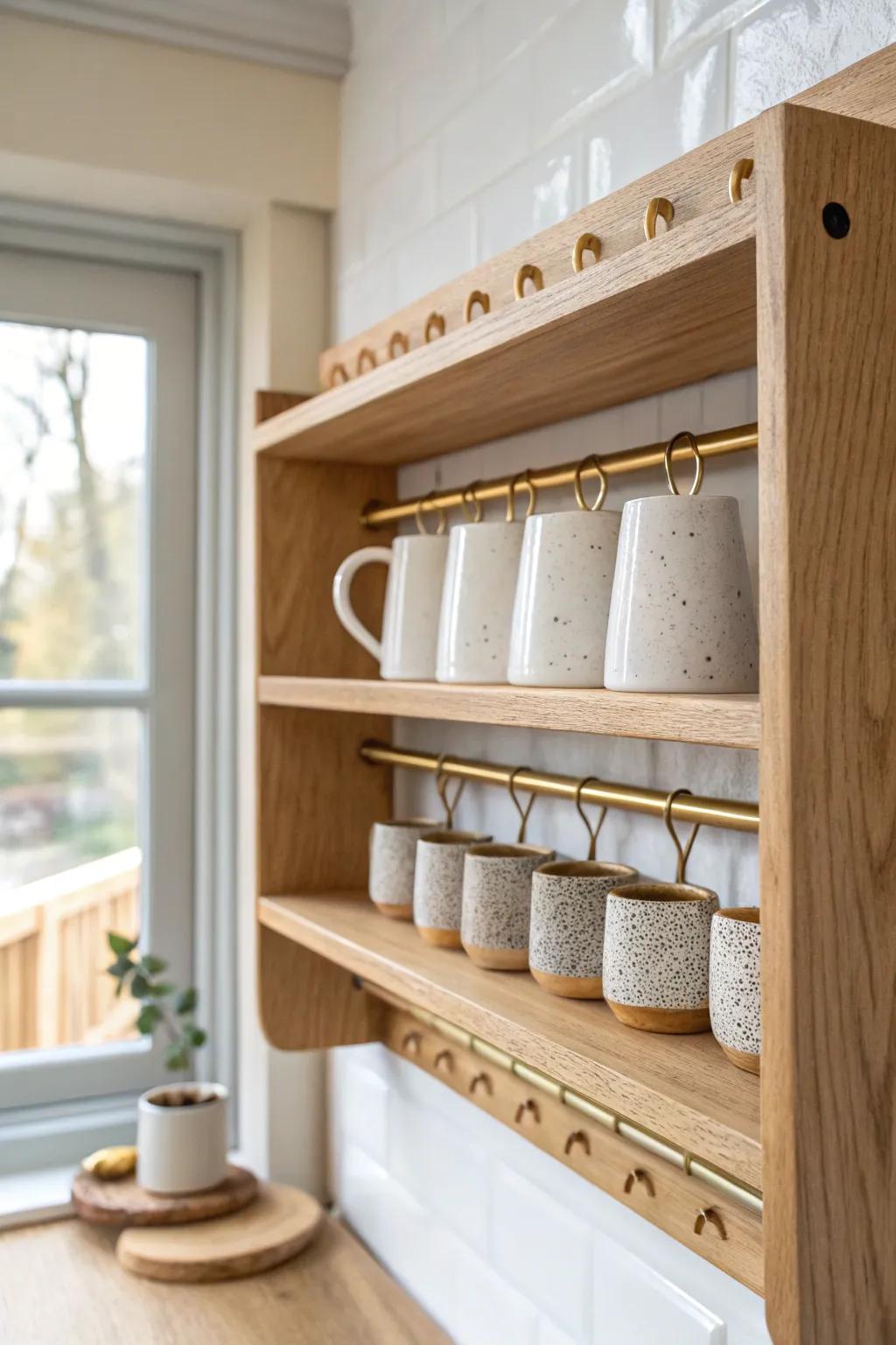 Brass mug hooks under an oak shelf—an instant space-saving upgrade for your coffee bar.