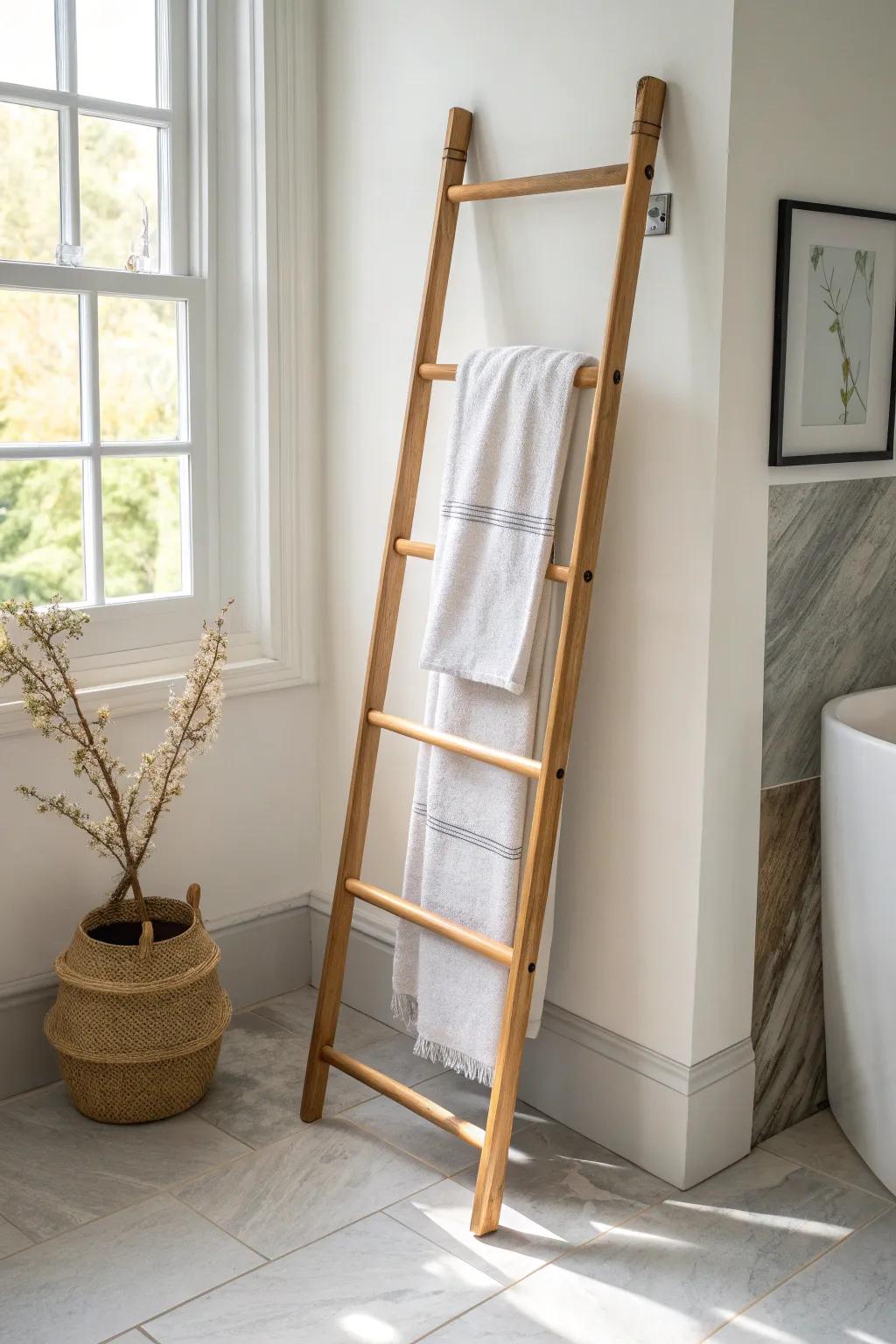 A sleek bamboo towel ladder—easy storage, no drilling, and spa-like Scandinavian calm.