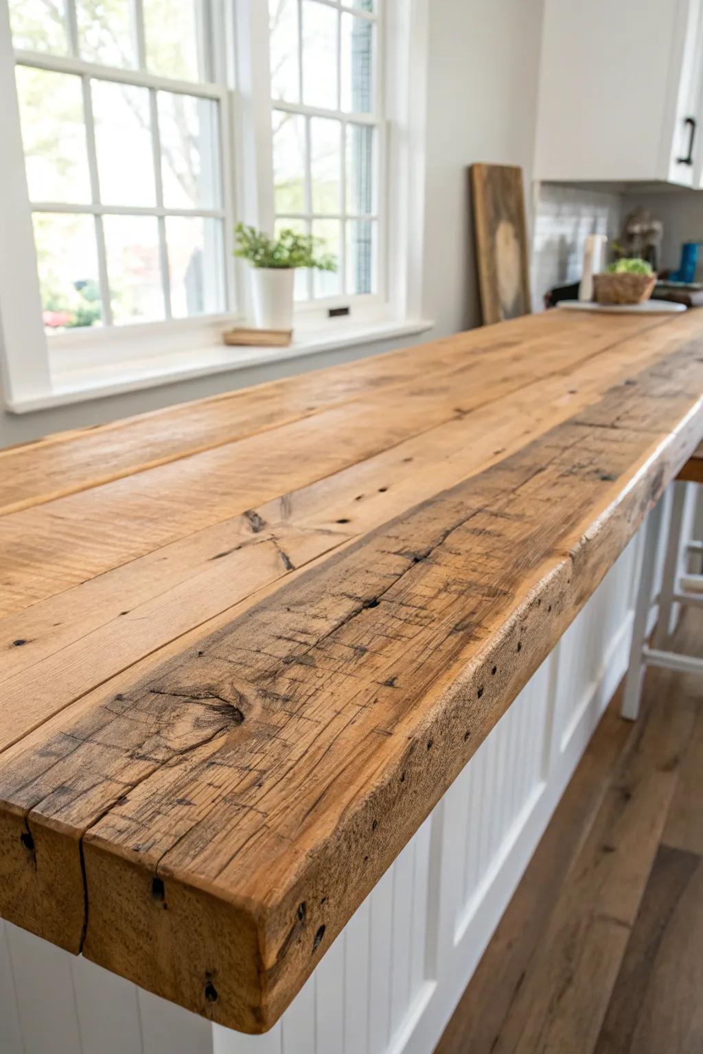 Chunky reclaimed plank bar top—nail holes, saw marks, and warm patina with modern calm.