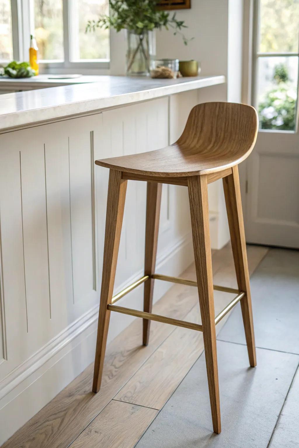 Classic oak bar stool + brass foot rail—minimal, comfy, and made for lingering evenings.
