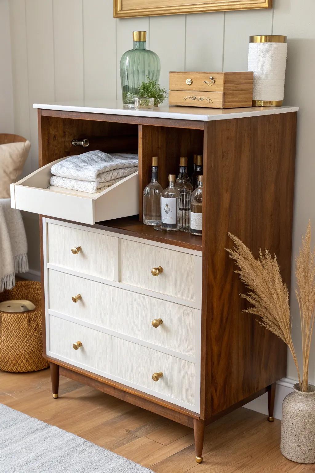 Repurposed dresser bar station: stained wood top, deep drawers for bottles, tools neatly tucked away.