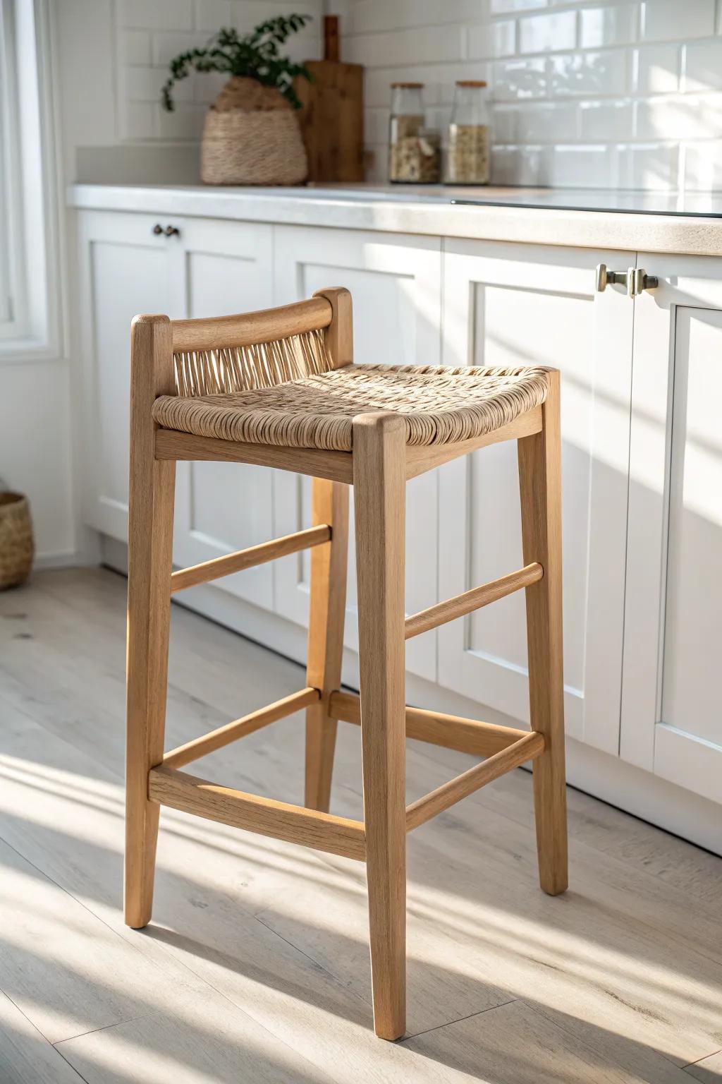 Woven rattan bar stool adds airy texture and warm oak contrast to a crisp white kitchen.
