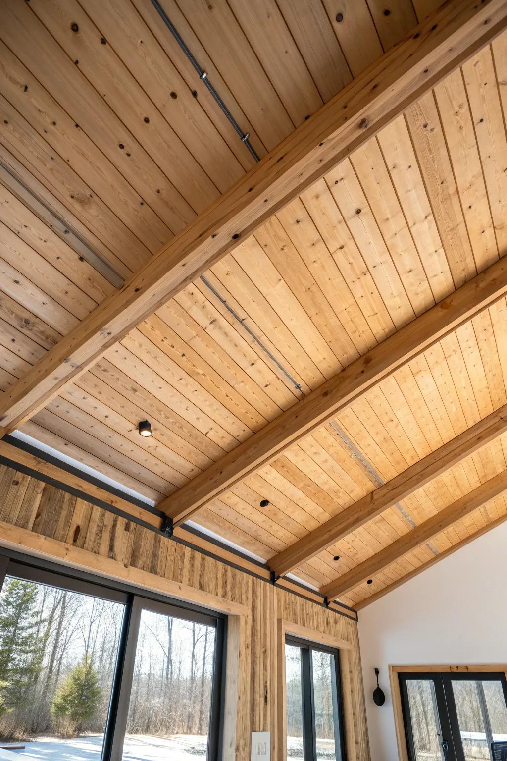 Natural tongue-and-groove planks create a clean barn ceiling look—letting the wood grain be the art.